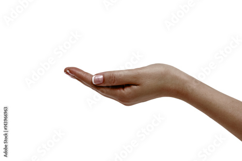 Empty african female hand on white background.