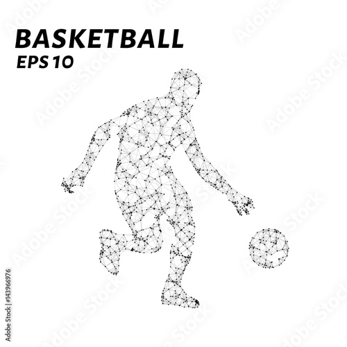 Basketball player consists of points, lines and triangles. The polygon shape in the form of a silhouette of a basketball player on a dark background. Vector illustration. Graphic concept of basketball