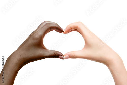 Female hands show heart on white background.