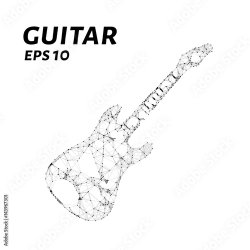 The guitar is composed of points, lines and triangles. The polygon shape in the form of a silhouette of a guitar on a dark background. Vector illustration.