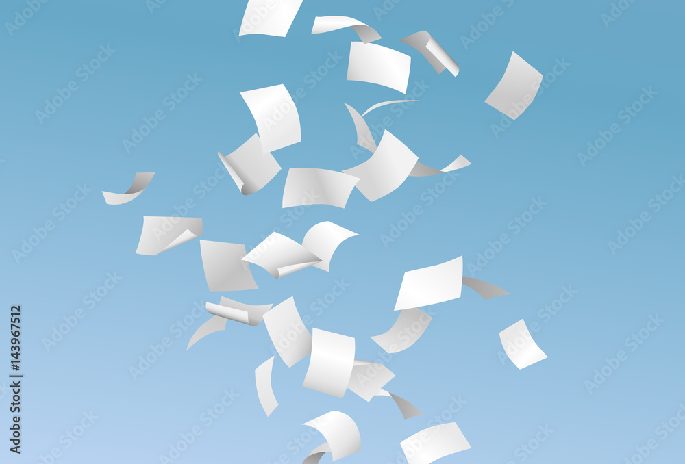 Falling Empty Documents Or Papers And Flying In The Wind On The Blue 
