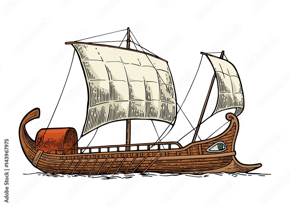 Obraz premium Trireme floating on the sea waves. intage vector engraving illustration