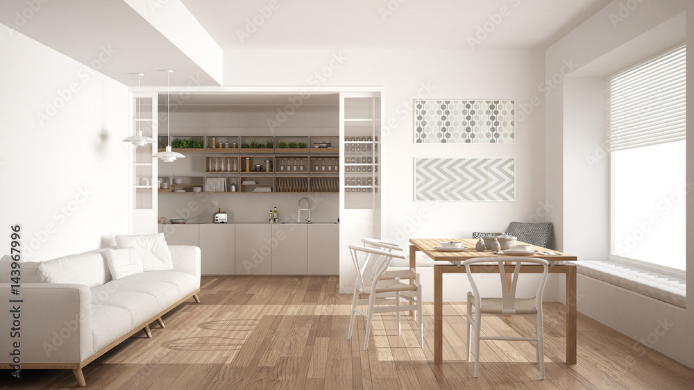 Minimalist kitchen and living room with sofa, table and chairs, white modern interior design Minimalist kitchen and living room with sofa, table and chairs, white modern interior design