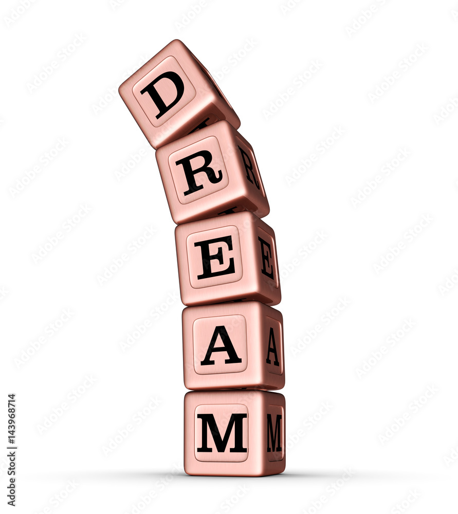 Dream Word Sign. Falling Stack of Rose Gold Metallic Toy Blocks. Dream Word Sign. Falling Stack of Rose Gold Metallic Toy Blocks.
