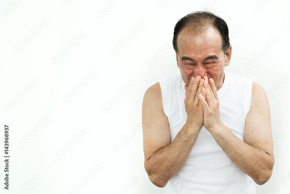 Asian senior man sneezing. Illness, allergy, diseases, cold, flu concept. Copy space. Asian senior man sneezing. Illness, allergy, diseases, cold, flu concept. Copy space.