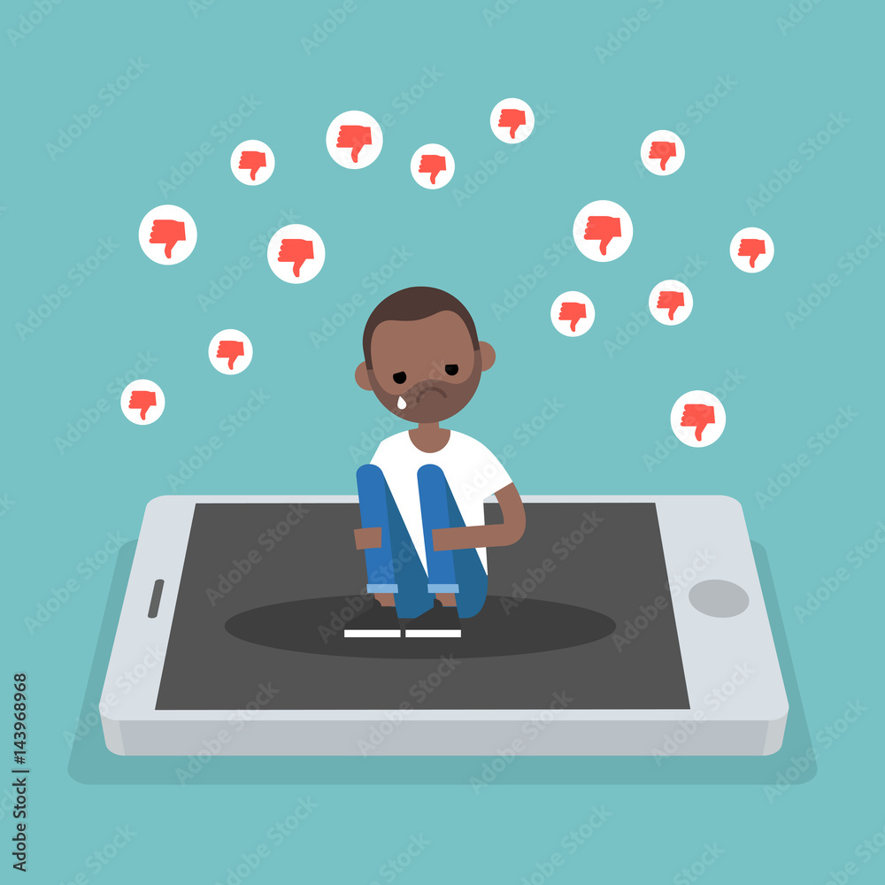 Upset crying black character sitting on the mobile's screen and hugging his knees surrounded by the dislike symbols / editable flat vector illustration, clip art