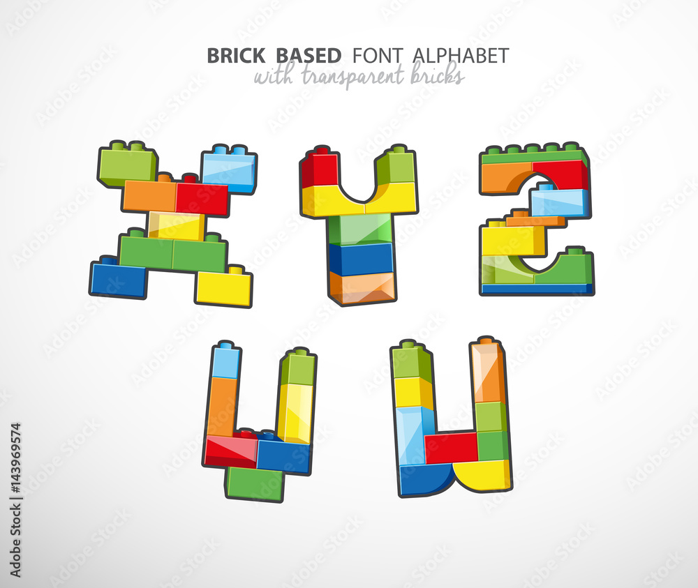 Alphabet set created from playing bricks with some transparent elements. Alphabet set created from playing bricks with some transparent elements.