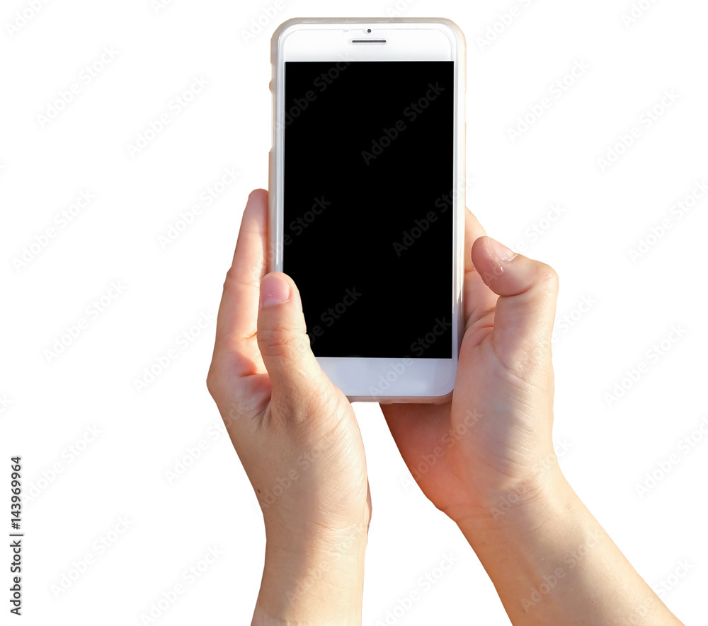 hand holding Modern mobile smart phone with black screen for mockup , isolated on white background , Clipping Path hand holding Modern mobile smart phone with black screen for mockup , isolated on white background , Clipping Path