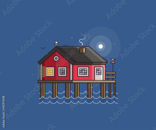 Sea side landscape with red stilt house with smoking chimney by moonlight. Beach pier home building night scene vector illustration. Wooden fisherman house on seaside background in flat design.