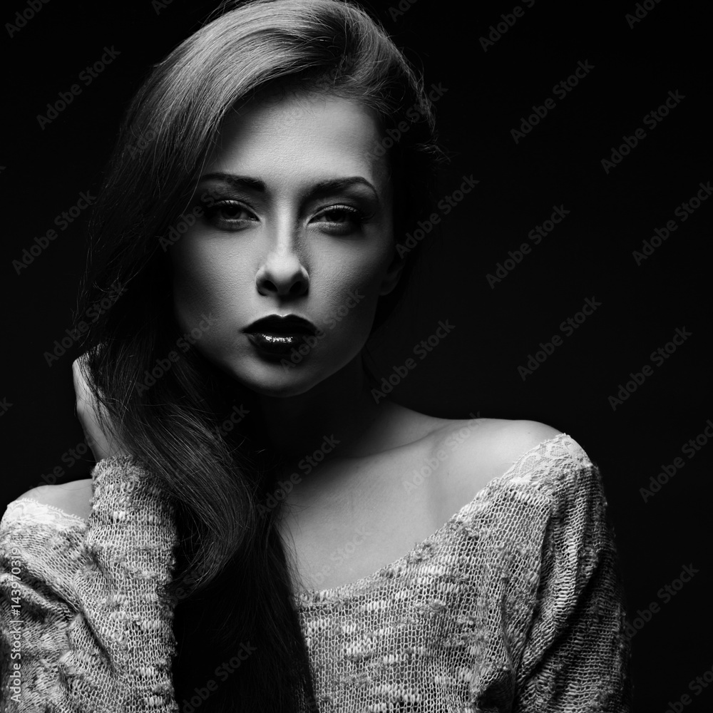 Sexy makeup woman in blouse posing in dark shadow black background. Black  and white. Closeup art portrait in deep light shadows Stock Photo | Adobe  Stock