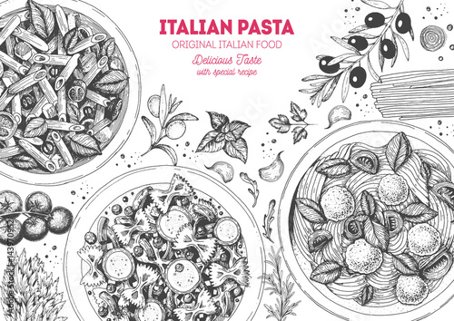 Italian pasta frame. Hand drawn vector illustration of an Italian pasta top view. Food design template. Farfalle, Penne and Spaghetti illustration. Classic italian cuisine. Engraved style