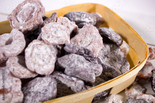 Closeup of dried candied fruits and vegetables in basket