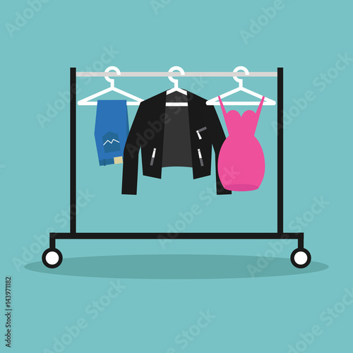 Clothes hanging in a row on the open hanger. Clothes rack. Rail. Wardrobe / flat editable vector illustration, clip art