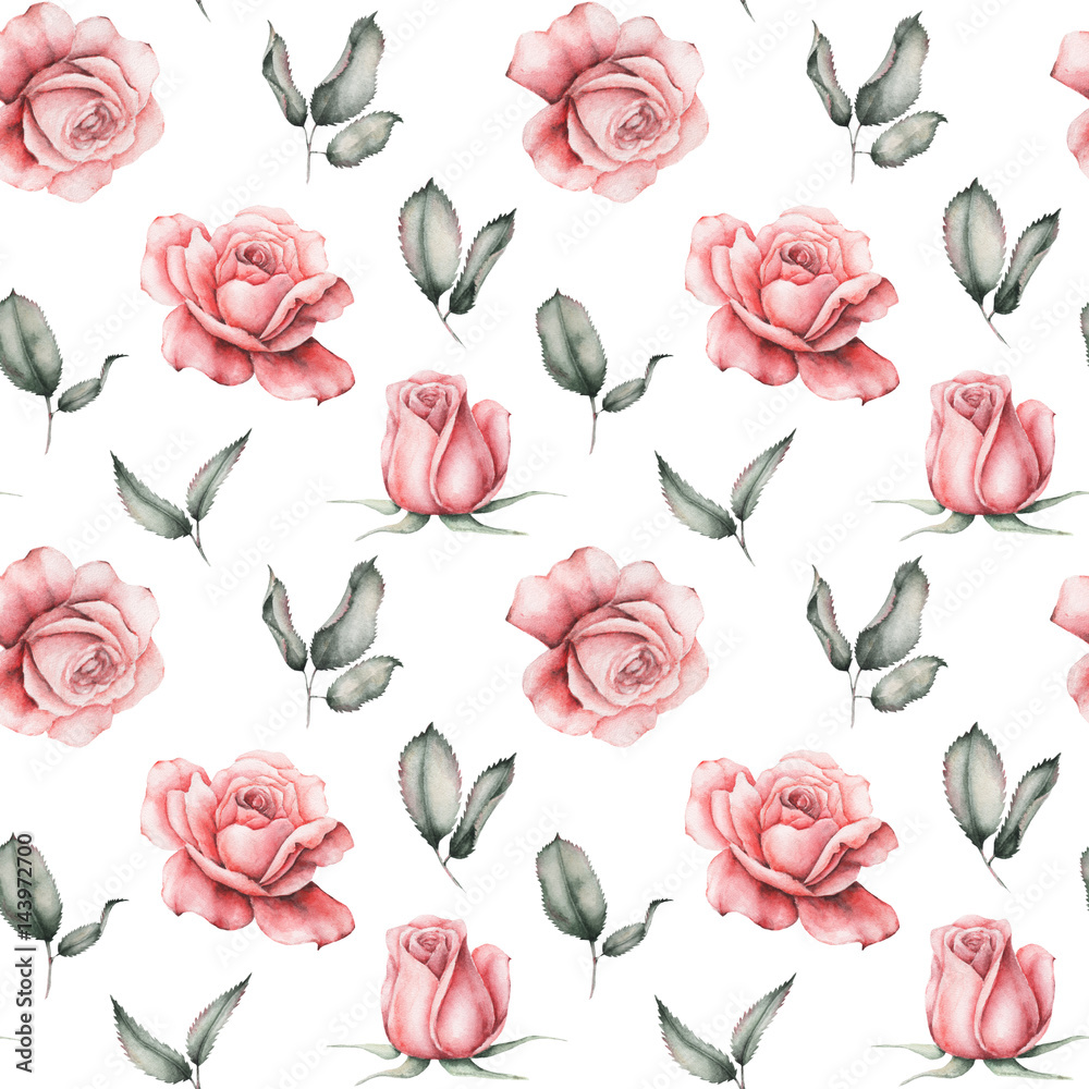 Seamless watercolor pattern with flowers and leaves isolated on white background