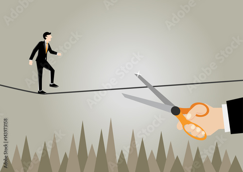 Simple business cartoon illustration of a businessman scared of sabotage