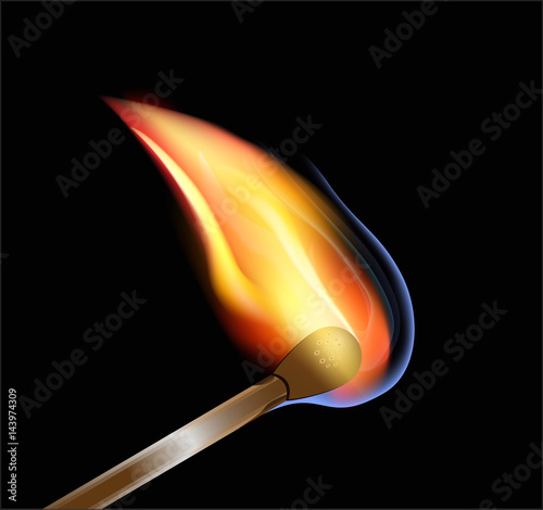 Realistic burning match. Matchstick flame. Transparency grid. Special effect. Ready to apply. Graphic element for documents, templates, posters, flyers. Vector illustration