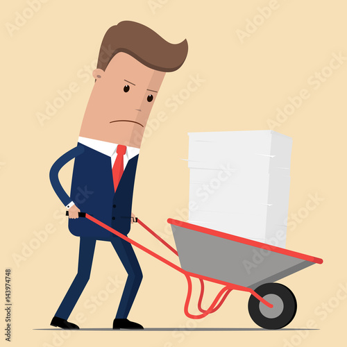 Unhappy businessman pushing a wheelbarrow full of paper. vector flat illustration