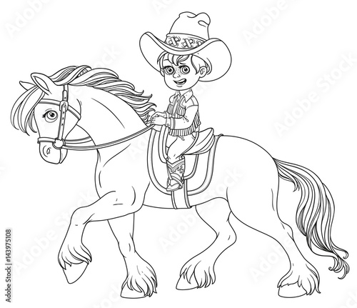 Wallpaper Mural Cute little boy in cowboy suit riding on a horse outlined isolated on white background Torontodigital.ca