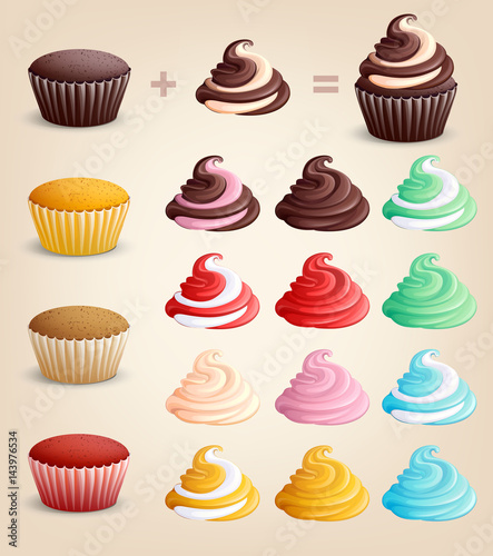 Construction cupcakes on a light background. Icons. Isolated. Sweet pastries decorated with cream. Vector illustration. 3D.
