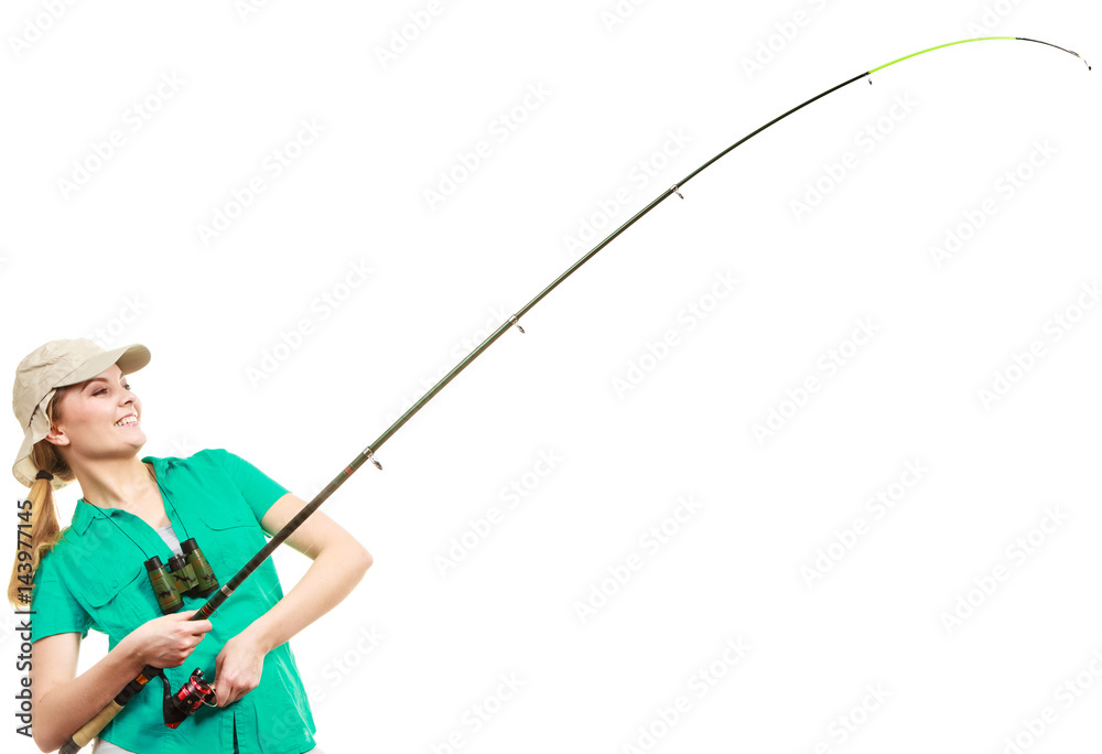 Woman with fishing rod, spinning equipment Woman with fishing rod, spinning equipment