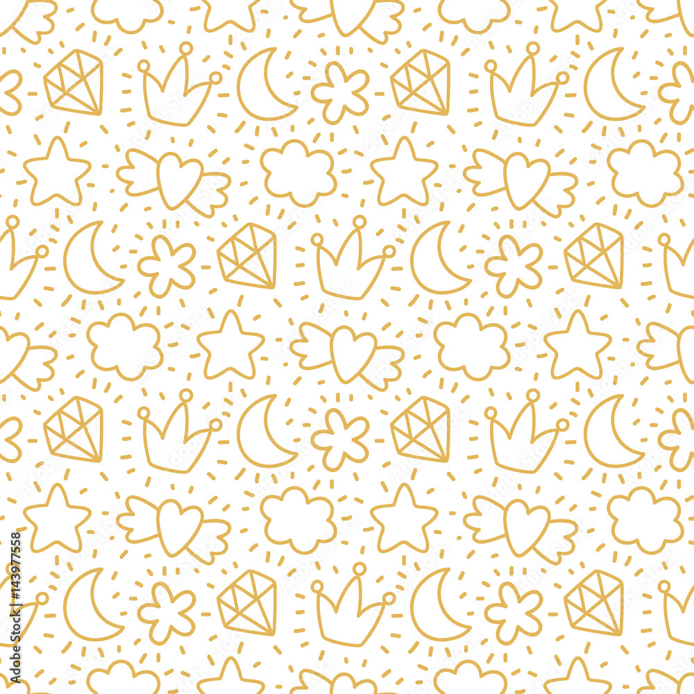 Cute seamless pattern with gold elements cloud, moon, crown, diamond, heart, star on a white background. It can be used for packaging, wrapping paper, textile, phone case etc.