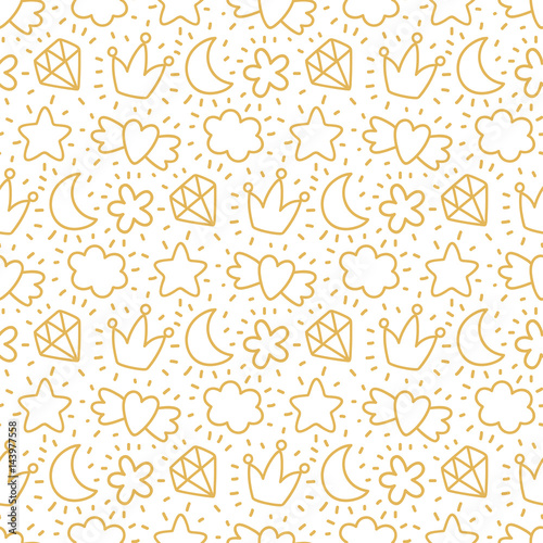 Cute seamless pattern with gold elements cloud, moon, crown, diamond, heart, star on a white background. It can be used for packaging, wrapping paper, textile, phone case etc. © viairevi