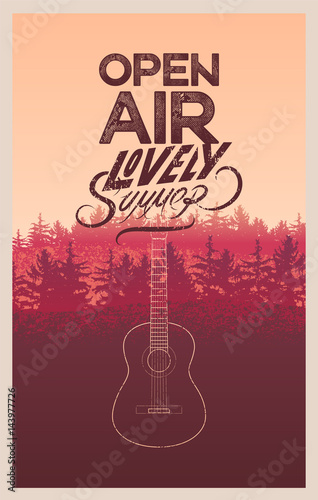 Summer festival open air poster with fir trees landscape. Retro grunge typographical vector illustration.