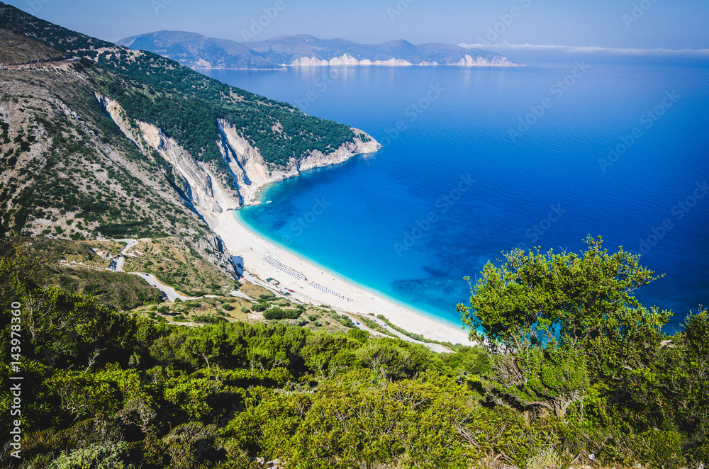 Fototapeta premium Aerial View of beautiful Myrtos Bay and Beach on Kefalonia Island, Greece