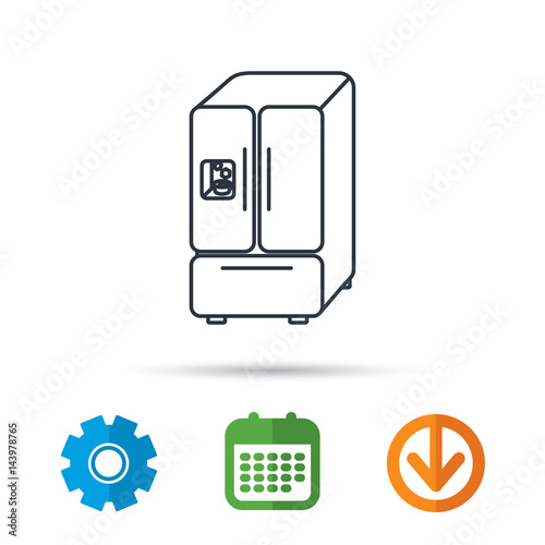 American fridge icon. Refrigerator with ice sign. Calendar, cogwheel and download arrow signs. Colored flat web icons. Vector
