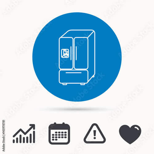 American fridge icon. Refrigerator with ice sign. Calendar, attention sign and growth chart. Button with web icon. Vector