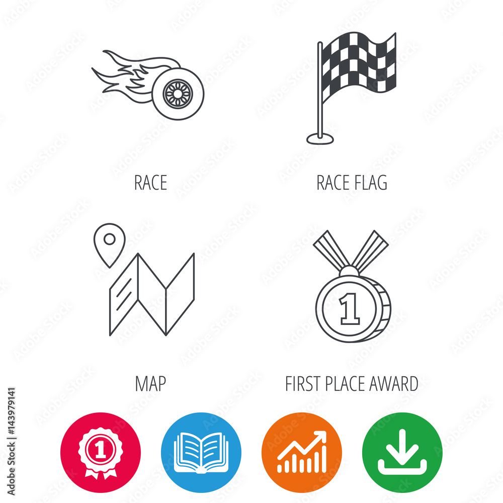 Race flag, map and winner award icons. First place medal, wheel on fire linear signs. Award medal, growth chart and opened book web icons. Download arrow. Vector