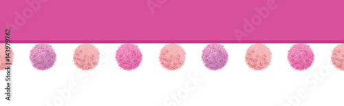 Vector Colorful Pink Pastel Baby Girl Room Pompoms Set Horizontal Seamless Repeat Border Pattern. Great for handmade cards, invitations, wallpaper, packaging, nursery designs.
