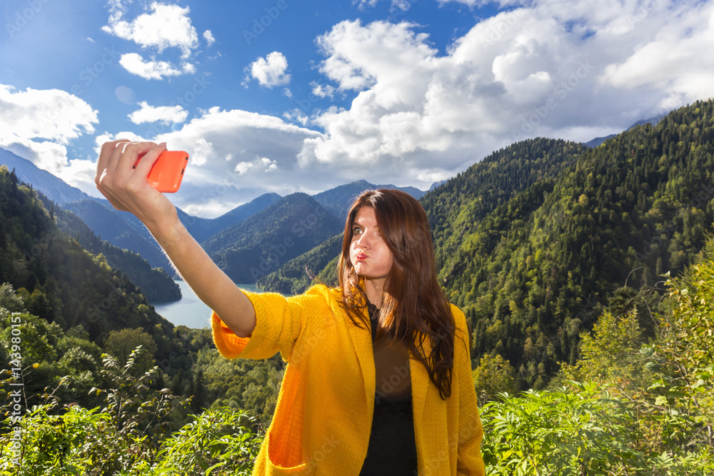 Young beautiful long hair woman making emotional selfi Young beautiful long hair woman making emotional selfi