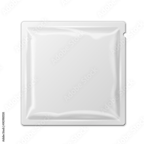 White Blank Retort Foil Pouch Packaging Medicine Drugs Or Coffee, Salt, Sugar, Pepper, Spices, Sachet, Sweets Or Condom. Isolated Mock Up Template Ready For Your Design. Product Packing Vector EPS10