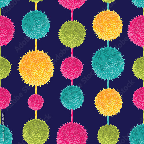 Vector Dark Colorful Decorative Hanging Pompoms Seamless Repeat Pattern. Great for handmade cards, invitations, wallpaper, packaging, nursery designs.