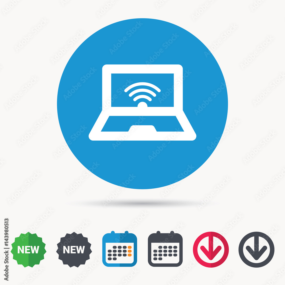 Computer with wifi icon. Notebook or laptop pc symbol. Calendar, download arrow and new tag signs. Colored flat web icons. Vector