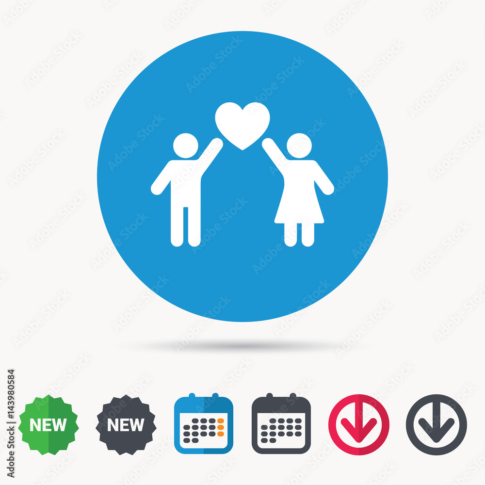 Couple love icon. Traditional young family symbol. Calendar, download arrow and new tag signs. Colored flat web icons. Vector Couple love icon. Traditional young family symbol. Calendar, download arrow and new tag signs. Colored flat web icons. Vector