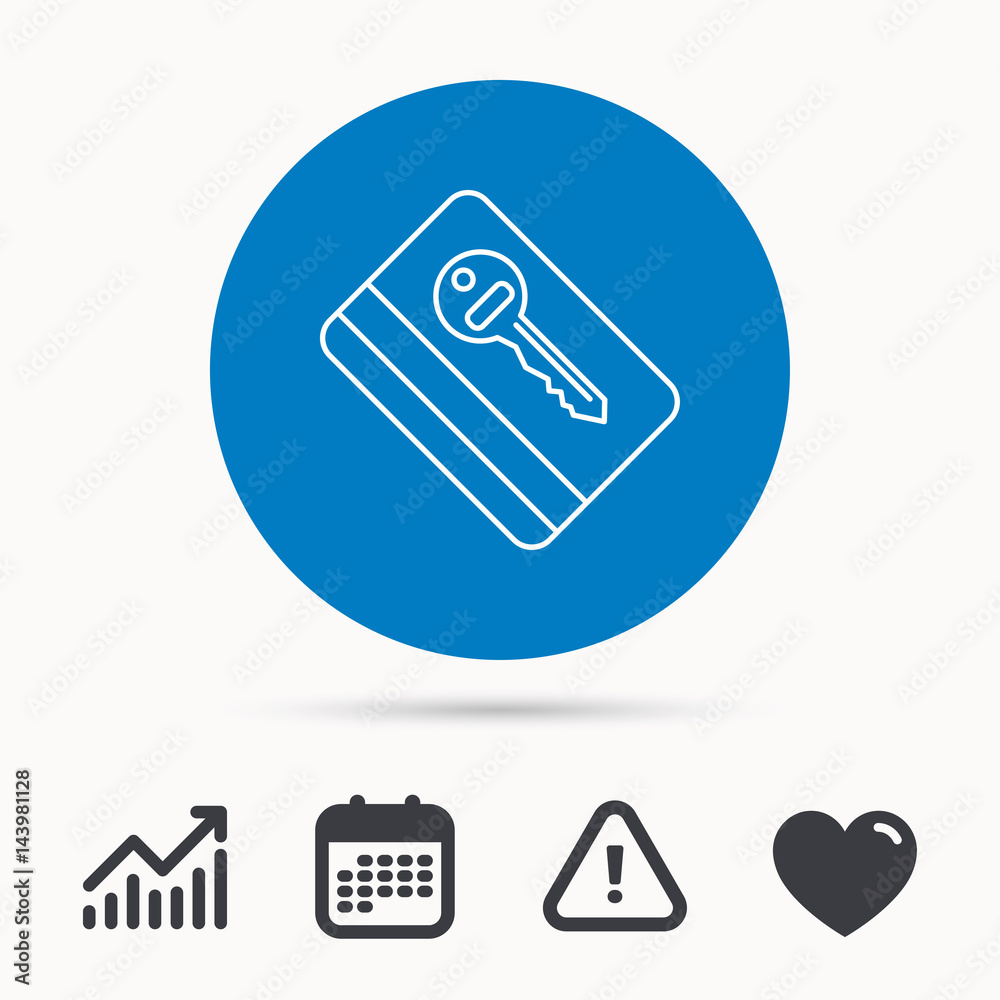 Electronic key icon. Hotel room card sign. Unlock chip symbol. Calendar, attention sign and growth chart. Button with web icon. Vector Electronic key icon. Hotel room card sign. Unlock chip symbol. Calendar, attention sign and growth chart. Button with web icon. Vector