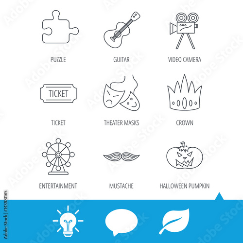 Puzzle, guitar music and theater masks icons. Ticket, video camera and crown linear signs. Entertainment, halloween pumpkin and mustache icons. Light bulb, speech bubble and leaf web icons. Vector