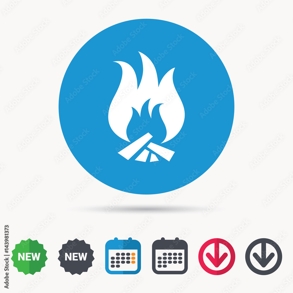 Fire icon. Blazing bonfire flame symbol. Calendar, download arrow and new tag signs. Colored flat web icons. Vector