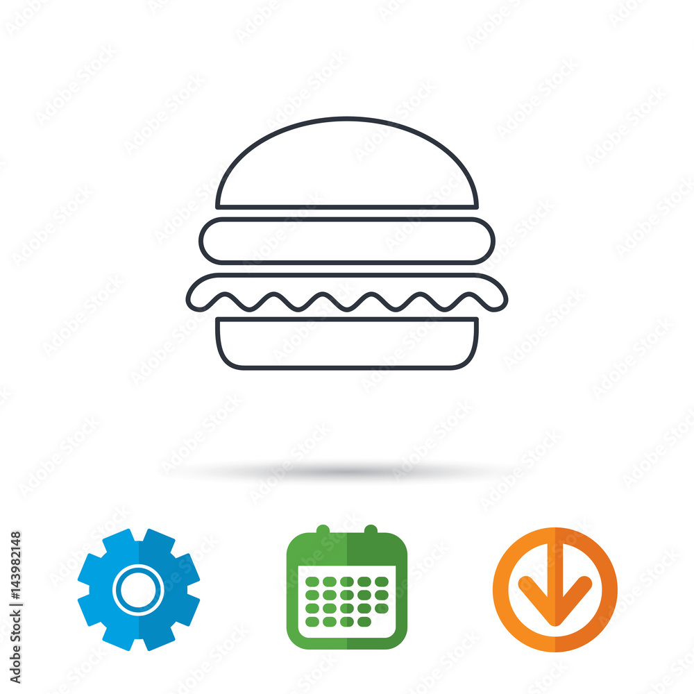 Hamburger icon. Fast food sign. Burger symbol. Calendar, cogwheel and download arrow signs. Colored flat web icons. Vector Hamburger icon. Fast food sign. Burger symbol. Calendar, cogwheel and download arrow signs. Colored flat web icons. Vector