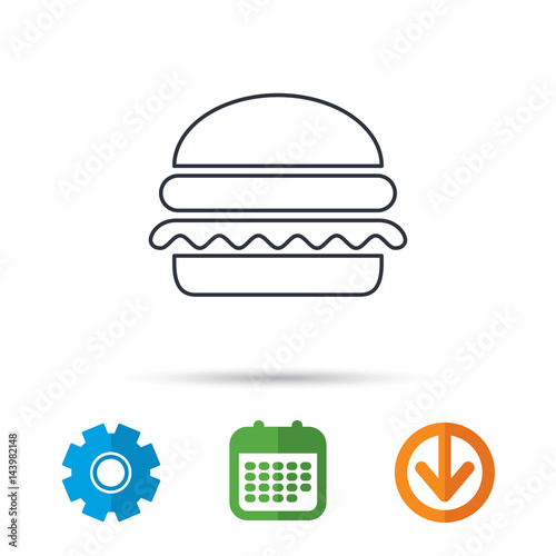 Hamburger icon. Fast food sign. Burger symbol. Calendar, cogwheel and download arrow signs. Colored flat web icons. Vector