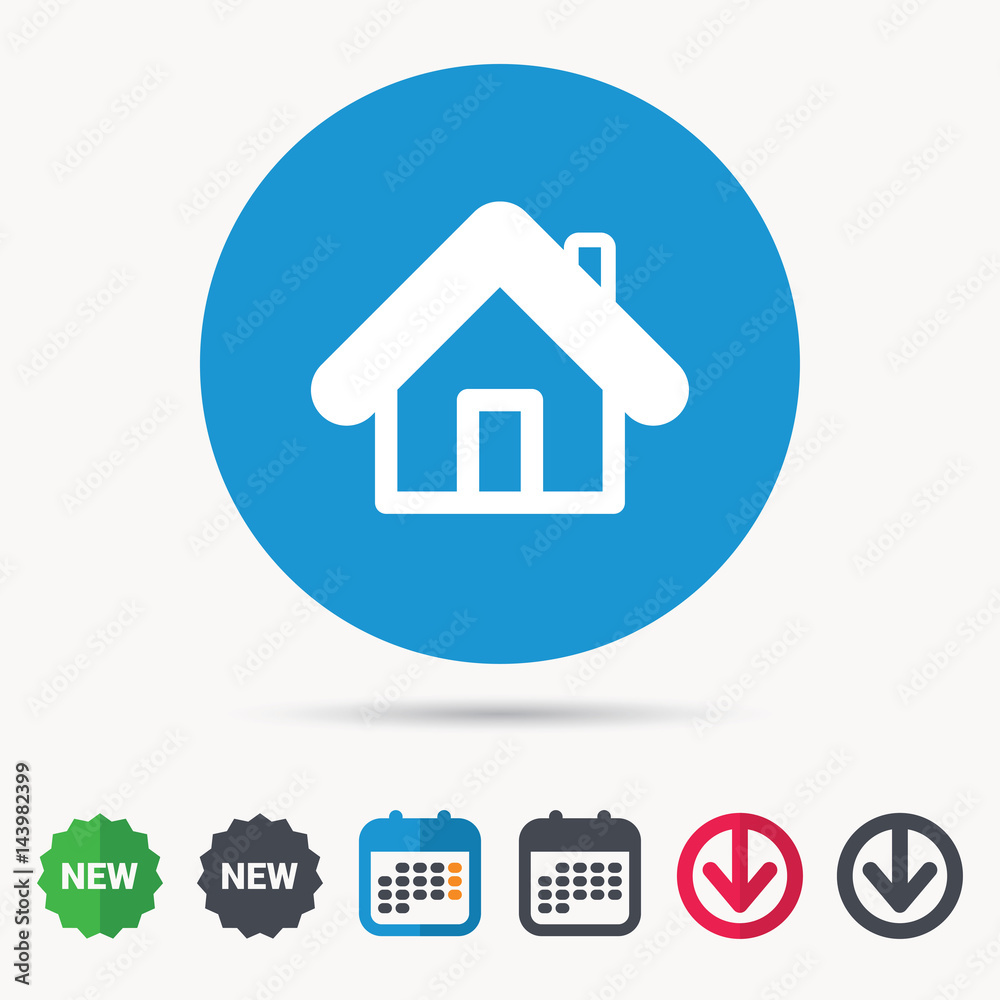 Home icon. House building symbol. Real estate construction. Calendar, download arrow and new tag signs. Colored flat web icons. Vector Home icon. House building symbol. Real estate construction. Calendar, download arrow and new tag signs. Colored flat web icons. Vector