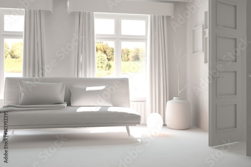 White room with sofa and green landscape in window. Scandinavian interior design. 3D illustration