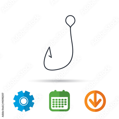Fishing hook icon. Fisherman equipment sign. Angling symbol. Calendar, cogwheel and download arrow signs. Colored flat web icons. Vector