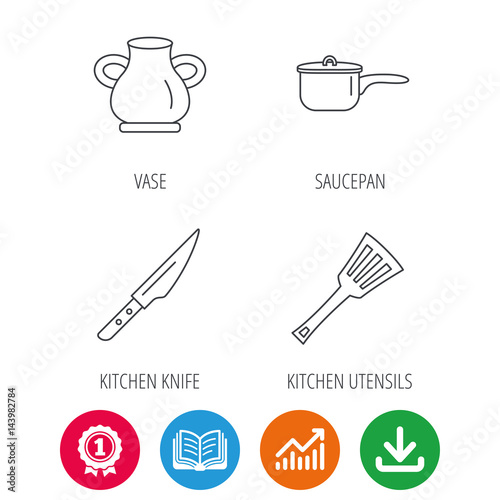 Saucepan, kithcen knife and utensils icons. Vase linear sign. Award medal, growth chart and opened book web icons. Download arrow. Vector