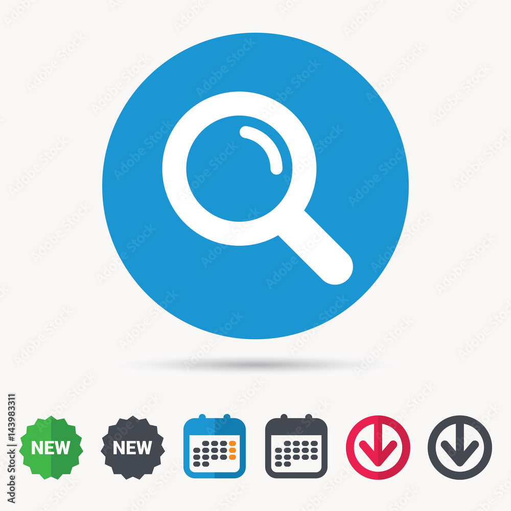 Magnifier icon. Search magnifying glass symbol. Calendar, download arrow and new tag signs. Colored flat web icons. Vector Magnifier icon. Search magnifying glass symbol. Calendar, download arrow and new tag signs. Colored flat web icons. Vector