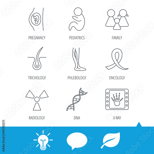 Pregnancy, pediatrics and family icons. Trichology, vein varicose and oncology awareness ribbon linear signs. Radiology, DNA icons. Light bulb, speech bubble and leaf web icons. Vector