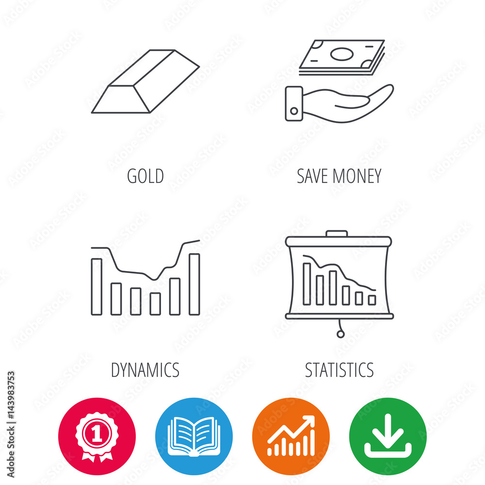 Save money, dynamics chart and statistics icons. Gold bar linear sign. Award medal, growth chart and opened book web icons. Download arrow. Vector Save money, dynamics chart and statistics icons. Gold bar linear sign. Award medal, growth chart and opened book web icons. Download arrow. Vector