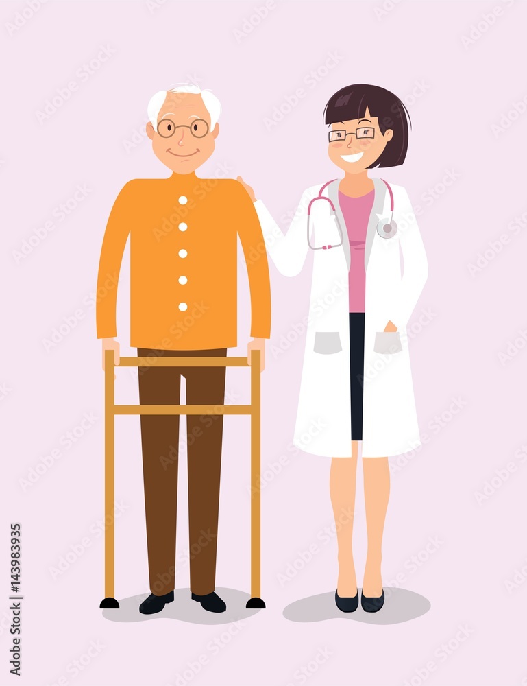 Young female doctor helping senior man to use walking frame. Vector flat illustration Young female doctor helping senior man to use walking frame. Vector flat illustration